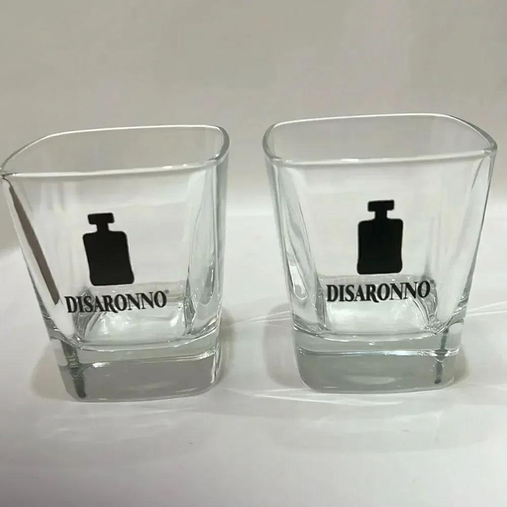 Disaronno Ameratto Glass 3 3/4 Tall 3 1/4 Top Black Bottle Rocks Low Ball Set 2